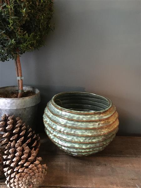 Green Pot Ribbed Small Glazed Green Ribbed Plant Pot