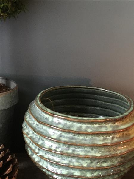 Green Pot Ribbed Small Glazed Green Ribbed Plant Pot